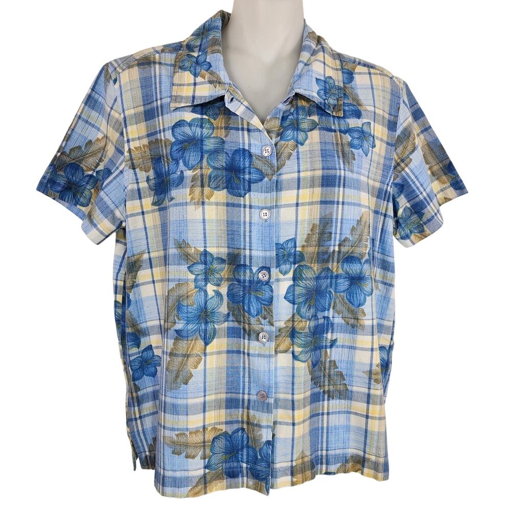 Cabin Creek Womens Shirt Blue Tropical 100% Cotton Button Floral Plaid Vintage S